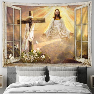 Come To Jesus, Beautiful Sunset, Cross, Lily Garden Tapestry, Tapestries for Living Room Bedroom
