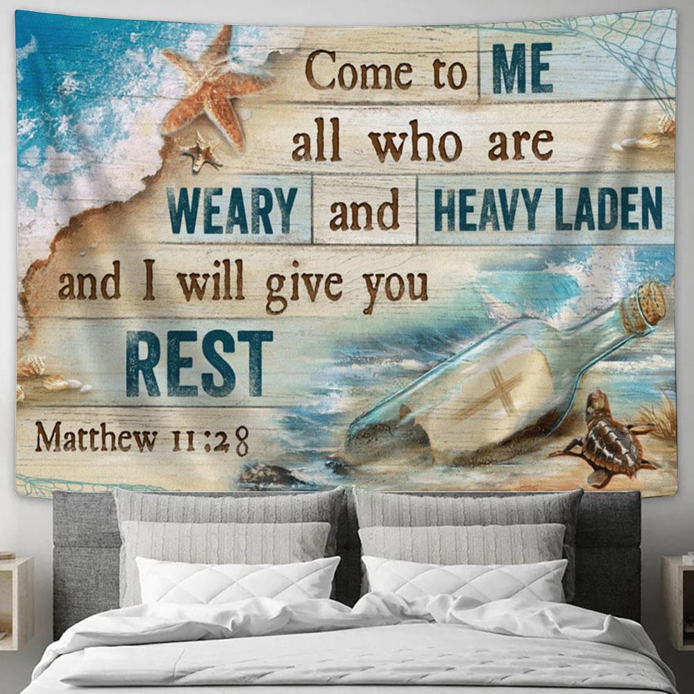 Come To Me All Who Are Weary And Heavy Laden And I Will Give You Rest Beach Cross Large Tapestry Art - Christian Tapestry Prints