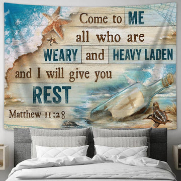 Come To Me All Who Are Weary And Heavy Laden And I Will Give You Rest Beach Cross Large Tapestry Art - Christian Tapestry Prints