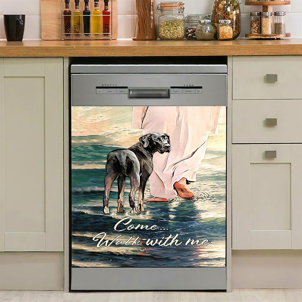 Come Walk With Me Dishwasher Cover, Great Dane And Jesus Walks On The Water Dishwasher Magnet Cover, Christian Kitchen Decor