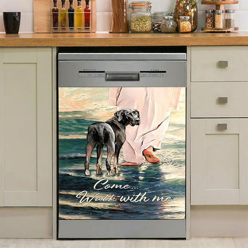 Come Walk With Me Dishwasher Cover, Great Dane And Jesus Walks On The Water Dishwasher Magnet Cover, Christian Kitchen Decor