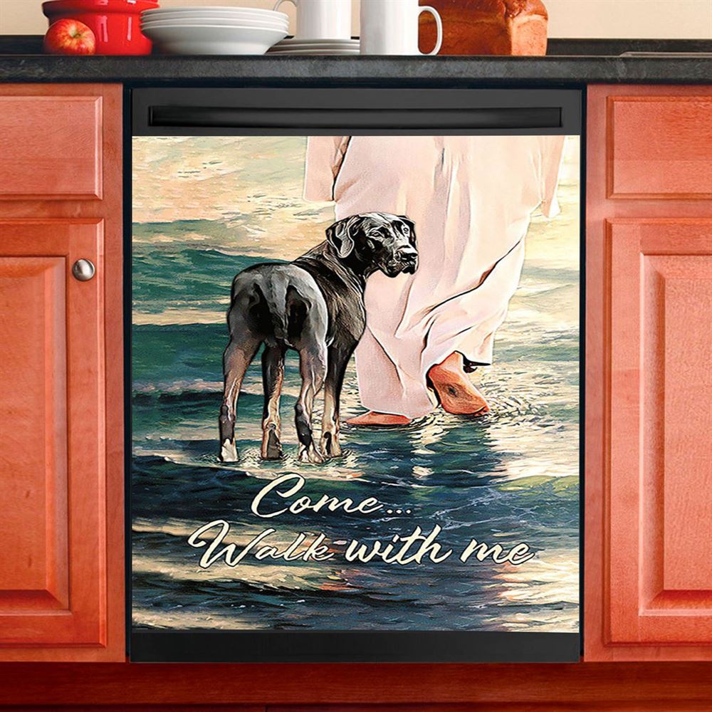 Come Walk With Me Dishwasher Cover, Great Dane And Jesus Walks On The Water Dishwasher Magnet Cover, Christian Kitchen Decor