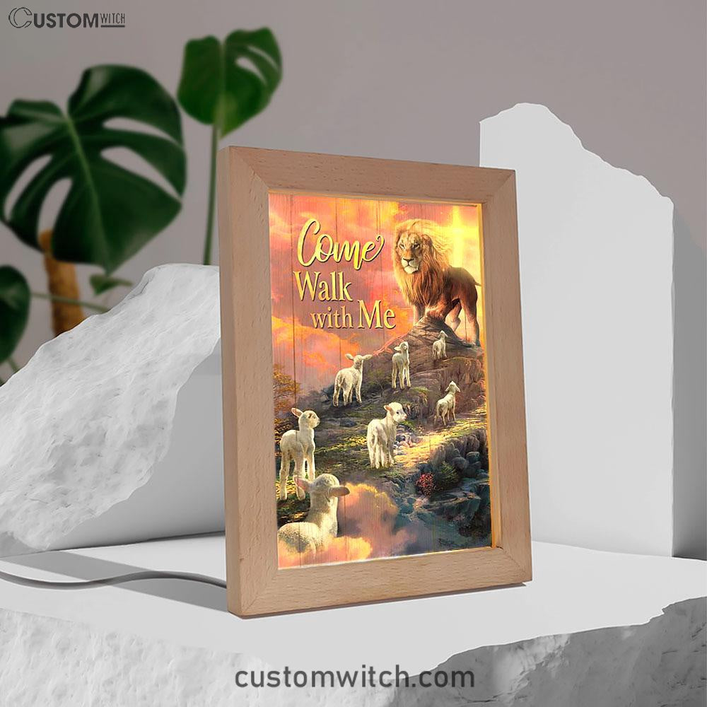 Come Walk With Me Lion And Lambs Frame Lamp Art - Bible Verse Art - Christian Inspirational Decor