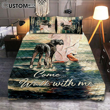 Come Walk With Me Quilt Bedding Set - Great Dane And Jesus Walks On The Water Quilt Bedding Set - Christian Bedroom - Religious Home Decor