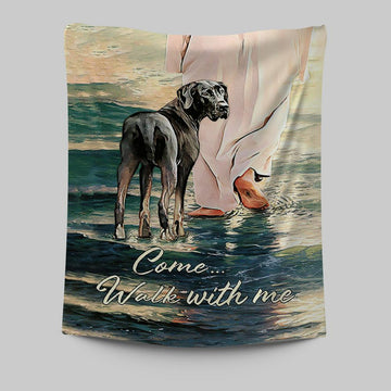 Come Walk With Me Tapestry - Great Dane And Jesus Walks On The Water Tapestry - Christian Wall Art - Religious Home Decor