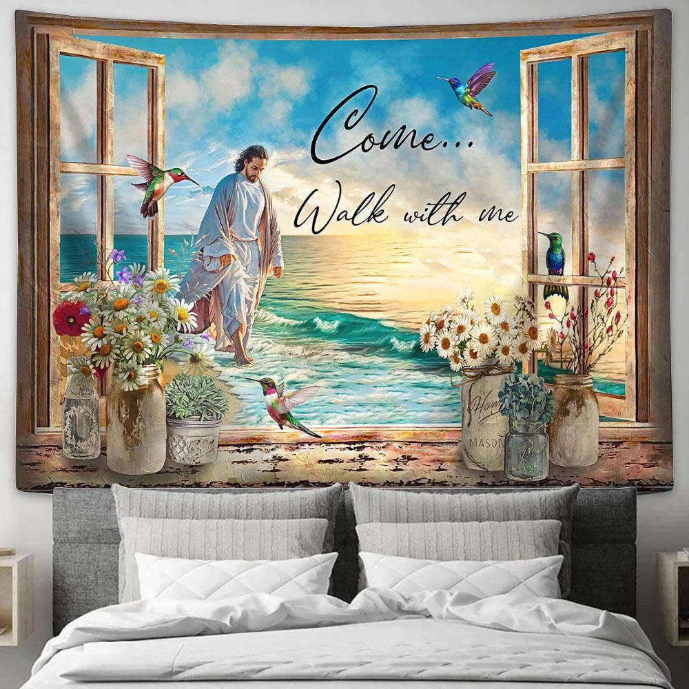 Come Walk With Me Tapestry Wall Art - Jesus Walks On The Beach - Jesus Christ Tapestry - Christian Tapestry Prints