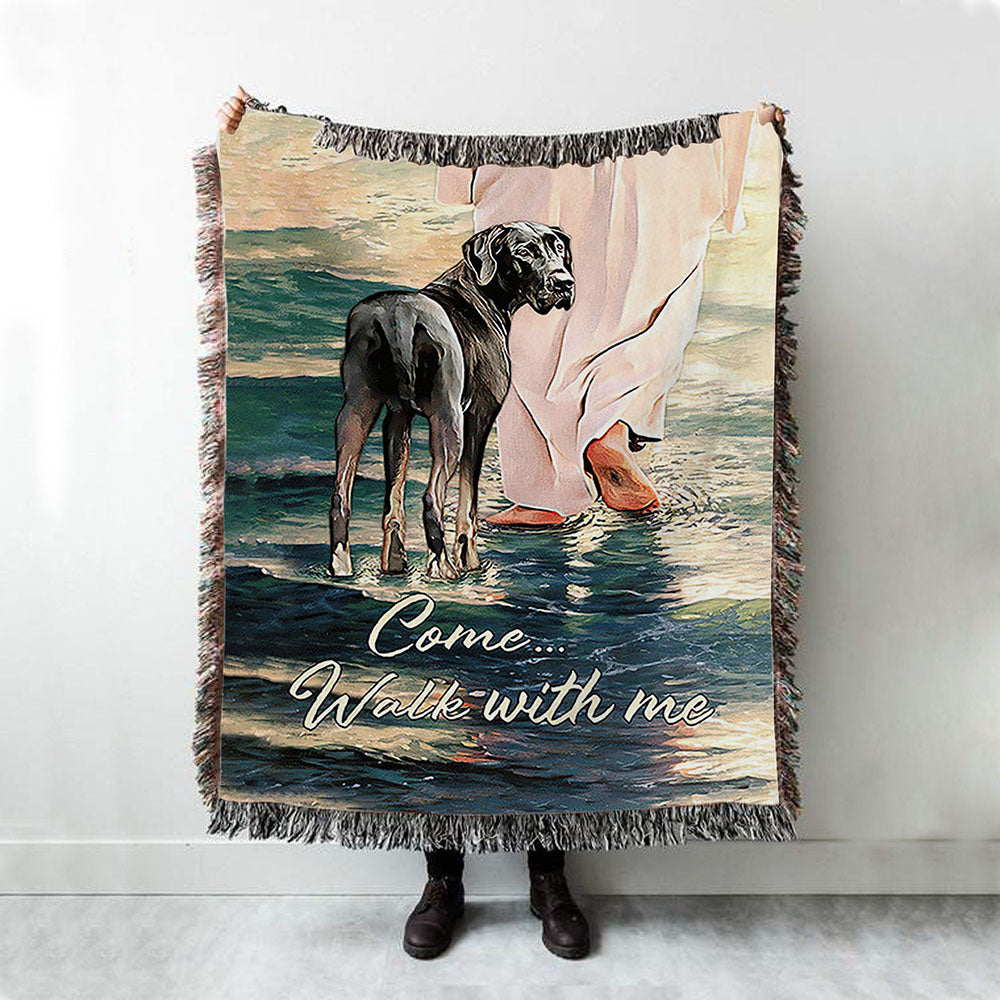 Come Walk With Me Woven Blanket - Great Dane And Jesus Walks On The Water Woven Blanket - Christian Throw Blanket - Religious Home Decor