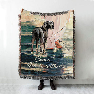 Come Walk With Me Woven Blanket - Great Dane And Jesus Walks On The Water Woven Blanket - Christian Throw Blanket - Religious Home Decor