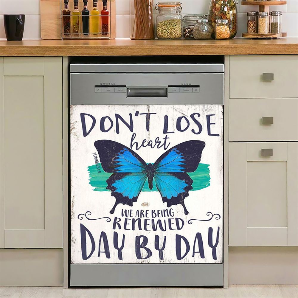 Corinthians 1 16 Don&#39;T Lose Heart Dishwasher Cover, Blue Butterfly Dishwasher Magnet Cover, Christian Gift For Women