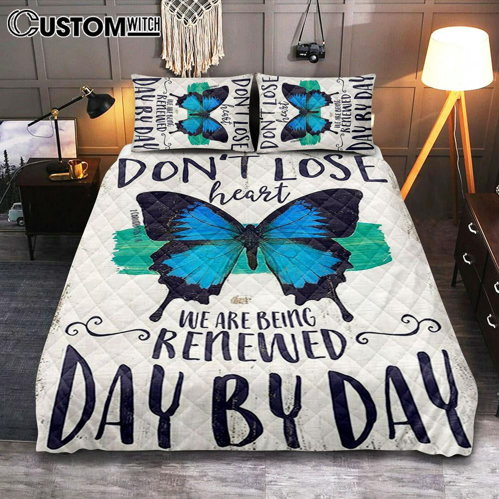 Corinthians 1 16 Don&#39;t Lose Heart Quilt Bedding Set - Blue Butterfly Bedroom - Christian Gift For Women