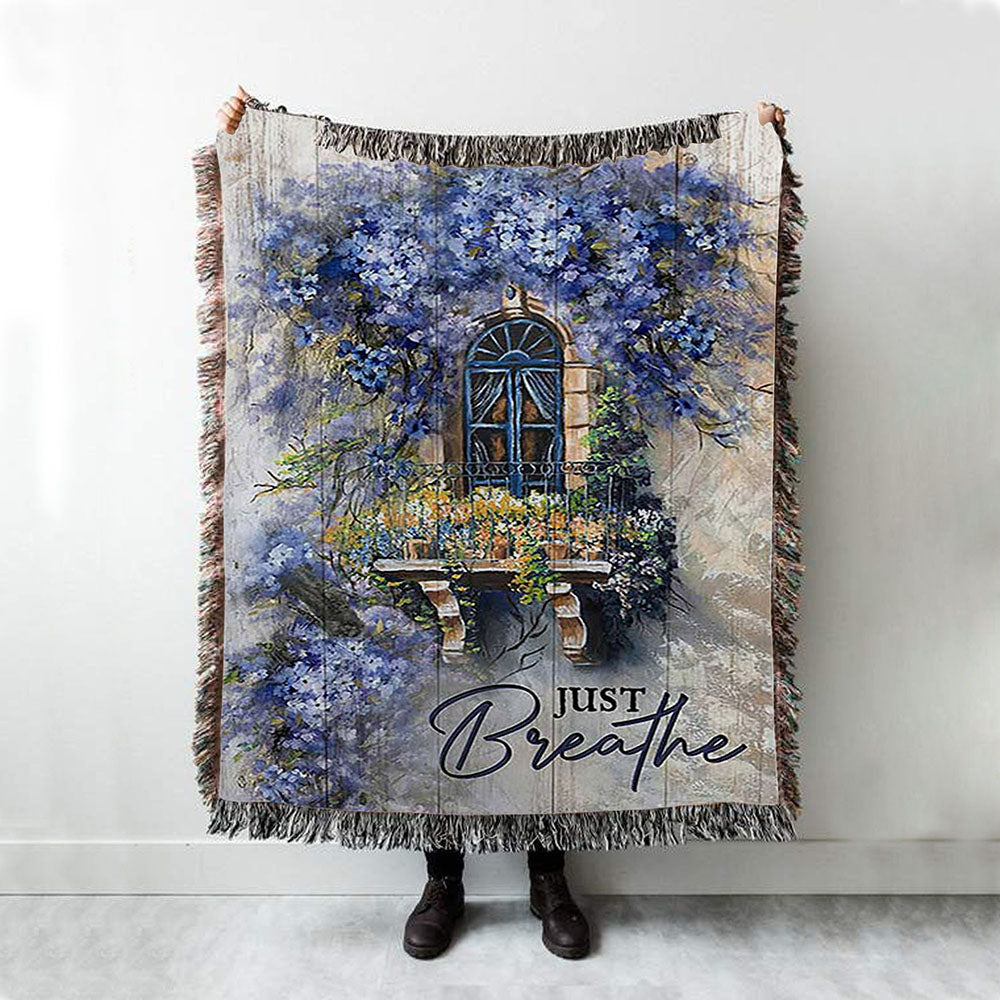 Cosmos Flower Just Breathe Woven Blanket Art - Bible Verse Throw Blanket - Christian Inspirational Boho Blanket