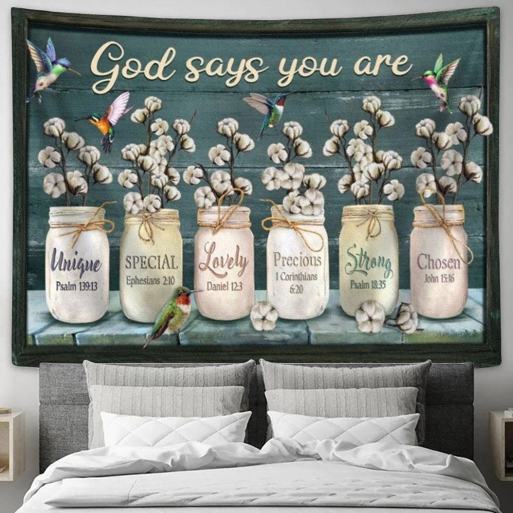 Cotton Flower Colorful Hummingbirds God Says You Are Tapestry, Tapestries for Living Room Bedroom