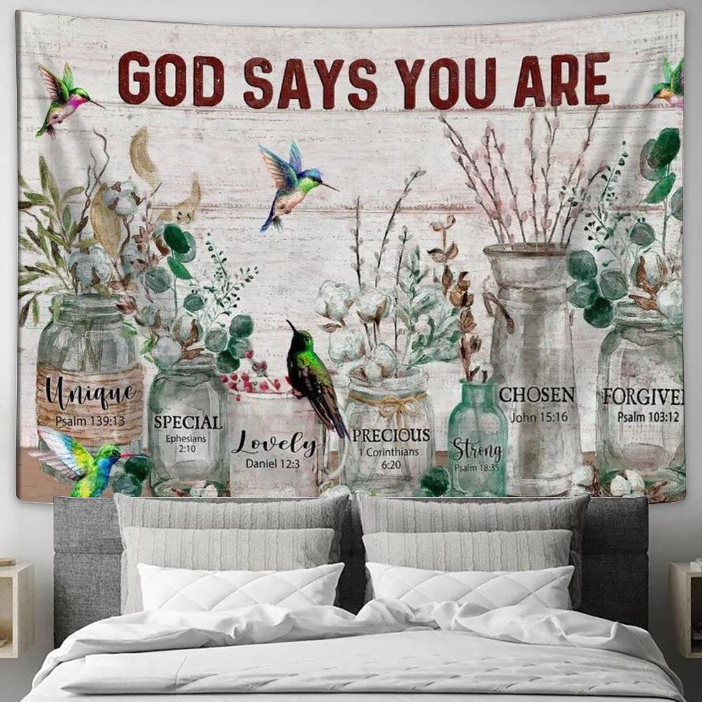Cotton Flower, Vintage Garden, Hummingbird, God Says You Are Unique Tapestry, Tapestries for Living Room Bedroom