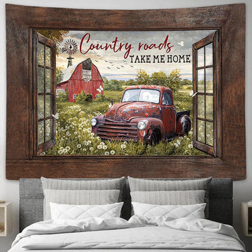 Country Roads Take Me Home Ladybug Car Dandelion Garden Tapestry Prints - Religious Tapestry Art - Christian Home Decor