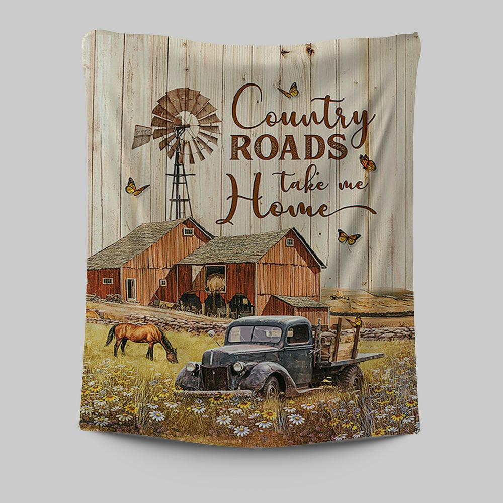 Country Roads Take Me Home Ladybug Car Horse Tapestry Wall Art - Christian Wall Tapestry - Gift For Horse Lover