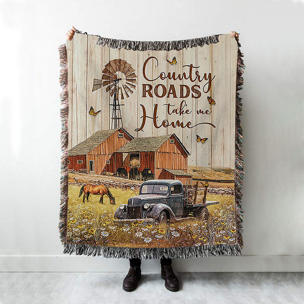 Country Roads Take Me Home Ladybug Car Horse Woven Throw Blanket - Christian Wall Woven Blanket - Gift For Horse Lover