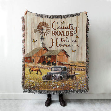 Country Roads Take Me Home Ladybug Car Horse Woven Throw Blanket - Christian Wall Woven Blanket - Gift For Horse Lover