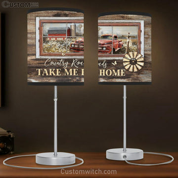Country Roads Take Me Home Old Red Truck Wooden Cross Large Table Lamp - Christian Lamp Gift - Bible Verse Table Lamp Art