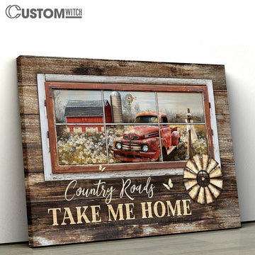 Country Roads Take Me Home Old Red Truck Wooden Cross Large Canvas - Christian Wall Art - Bible Verse Canvas Art