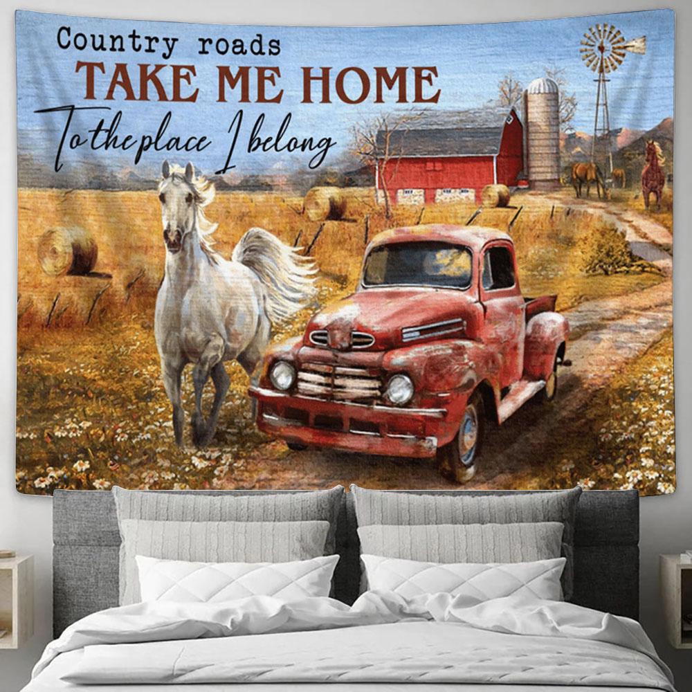 Country Roads Take Me Home White Horse Rice Field Ladybug Car Tapestry Prints - Christian Wall Art - Religious Home Decor