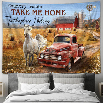Country Roads Take Me Home White Horse Rice Field Ladybug Car Tapestry Prints - Christian Wall Art - Religious Home Decor