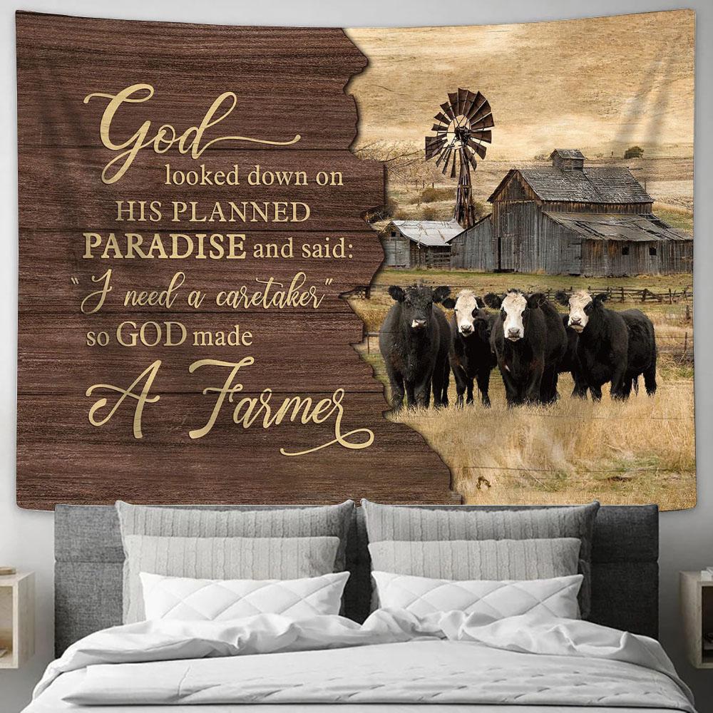 Cow Green Meadow God Looked Down On His Planned Paradise Large Tapestry - Christian Wall Art - Bible Verse Tapestry Art