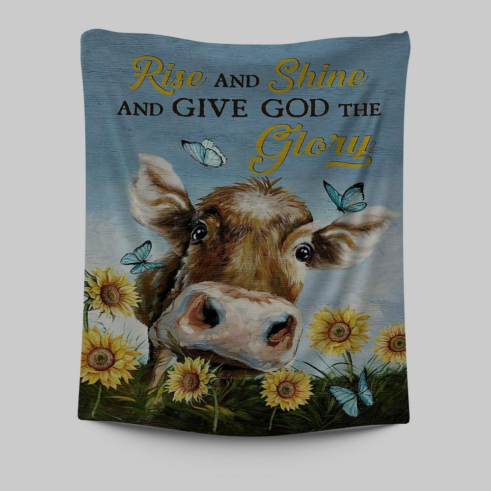 Cow Sunflower Field Rise And Shine Tapestry Art - Christian Art - Bible Verse Wall Art - Religious Home Decor