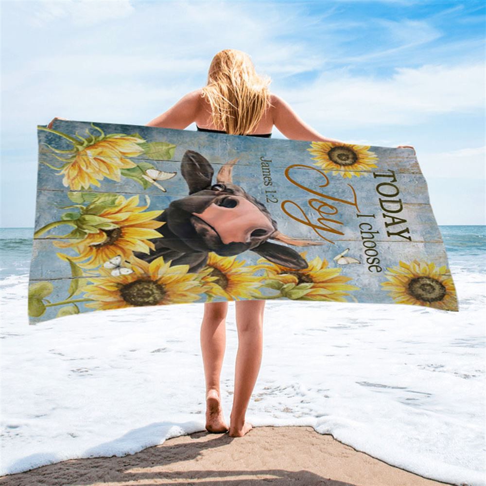 Cow Sunflower Frame Blue Sky - Today I Choose Joy Beach Towel - Christian Beach Towel - Bible Verse Beach Towel