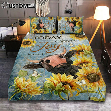 Cow Sunflower Frame Blue Sky - Today I Choose Joy Quilt Bedding Set Bedroom - Christian Quilt Bedding Set Prints - Bible Verse Quilt Bedding Set Art