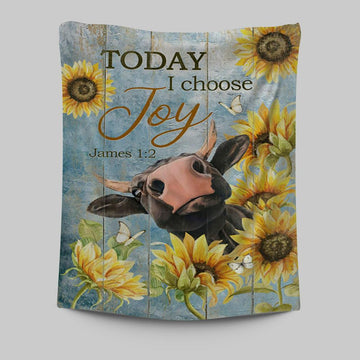Cow Sunflower Frame Blue Sky - Today I Choose Joy Tapestry Wall Art - Christian Tapestries Prints - Bible Verse Tapestry Art