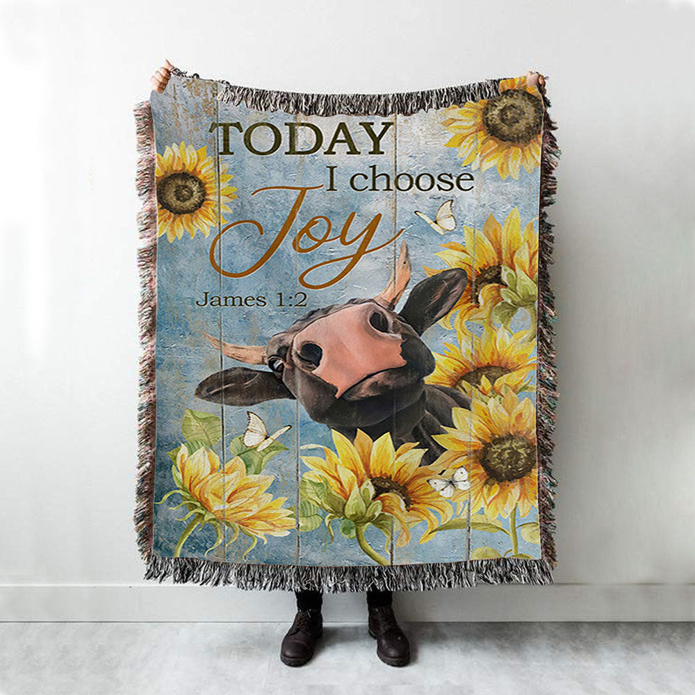 Cow Sunflower Frame Blue Sky - Today I Choose Joy Woven Throw Blanket - Christian Woven Blanket Prints - Bible Verse Woven Blanket Art