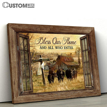 Cow Tranquil Farm Wooden Cross Bless On Home Who Are Enter Canvas Wall Art - Bible Verse Canvas - Religious Prints