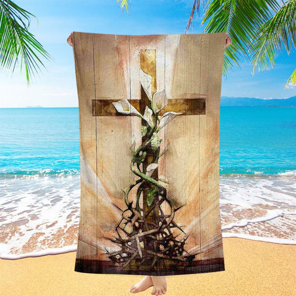 Cross And Lily Beach Towel - Christian Wall Beach Towel - Religious Beach Towel