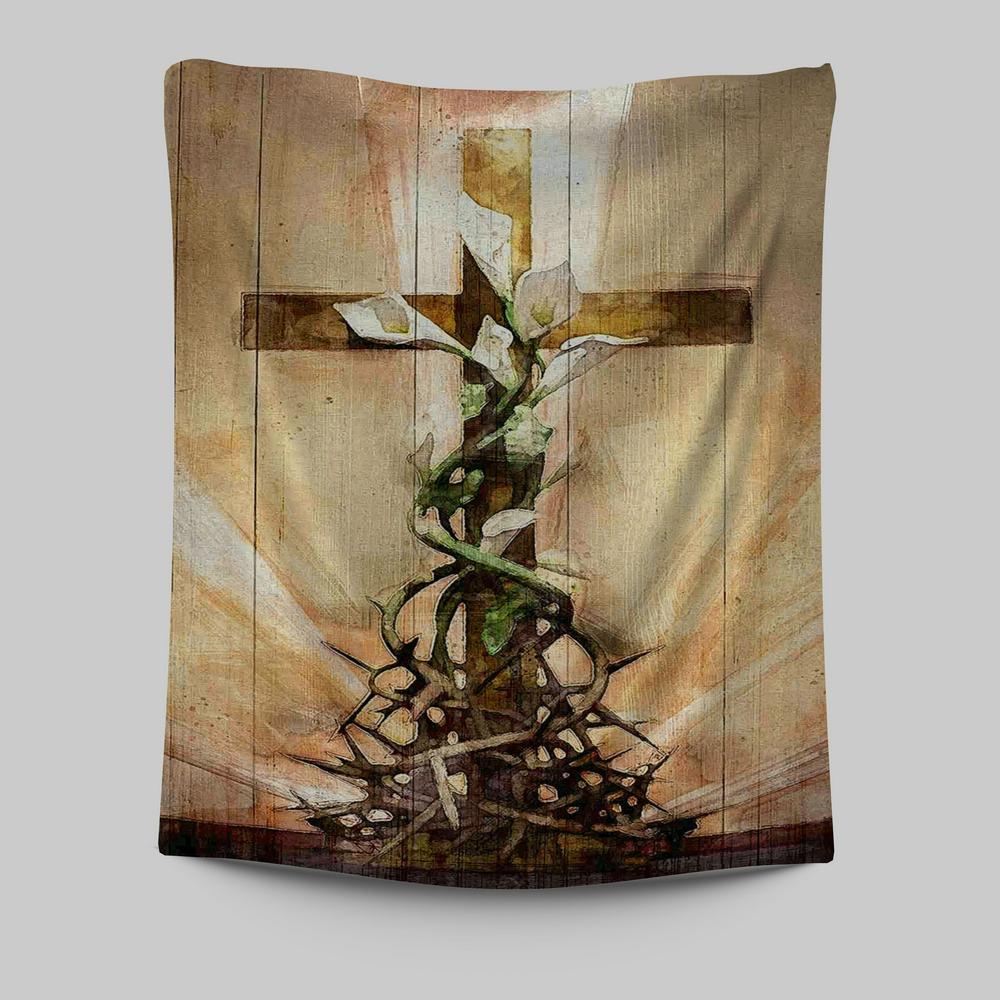 Cross And Lily Tapestry Wall Art - Christian Wall Tapestry - Religious Tapestries Wall Hanging Prints
