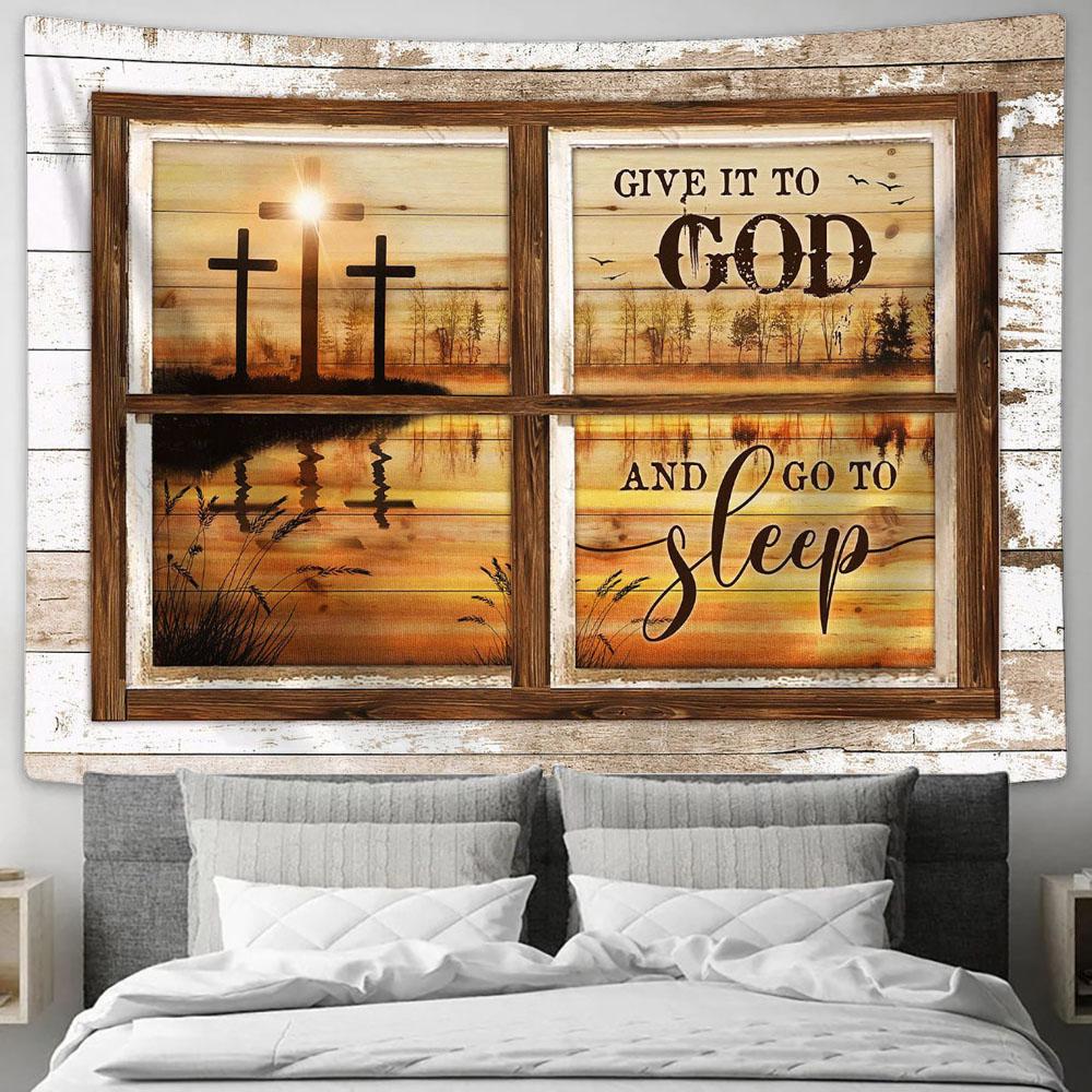Cross Beautiful Lake Give It To God And Go To Sleep Large Tapestry - Christian Wall Art - Bible Verse Tapestry Art
