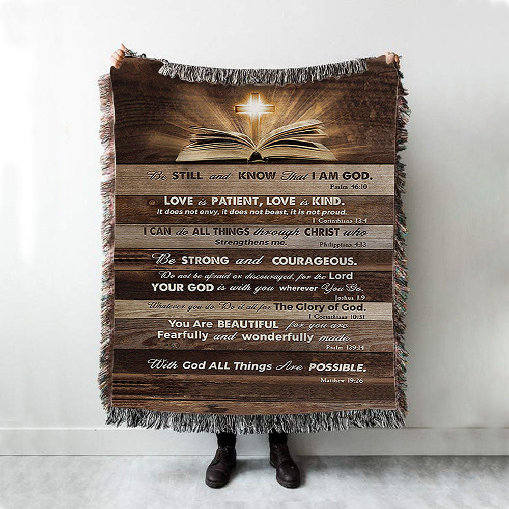 Cross Bible Verses - Be Still &amp; Know That I Am God Woven Blanket Art - Bible Verse Throw Blanket - Christian Inspirational Boho Blanket