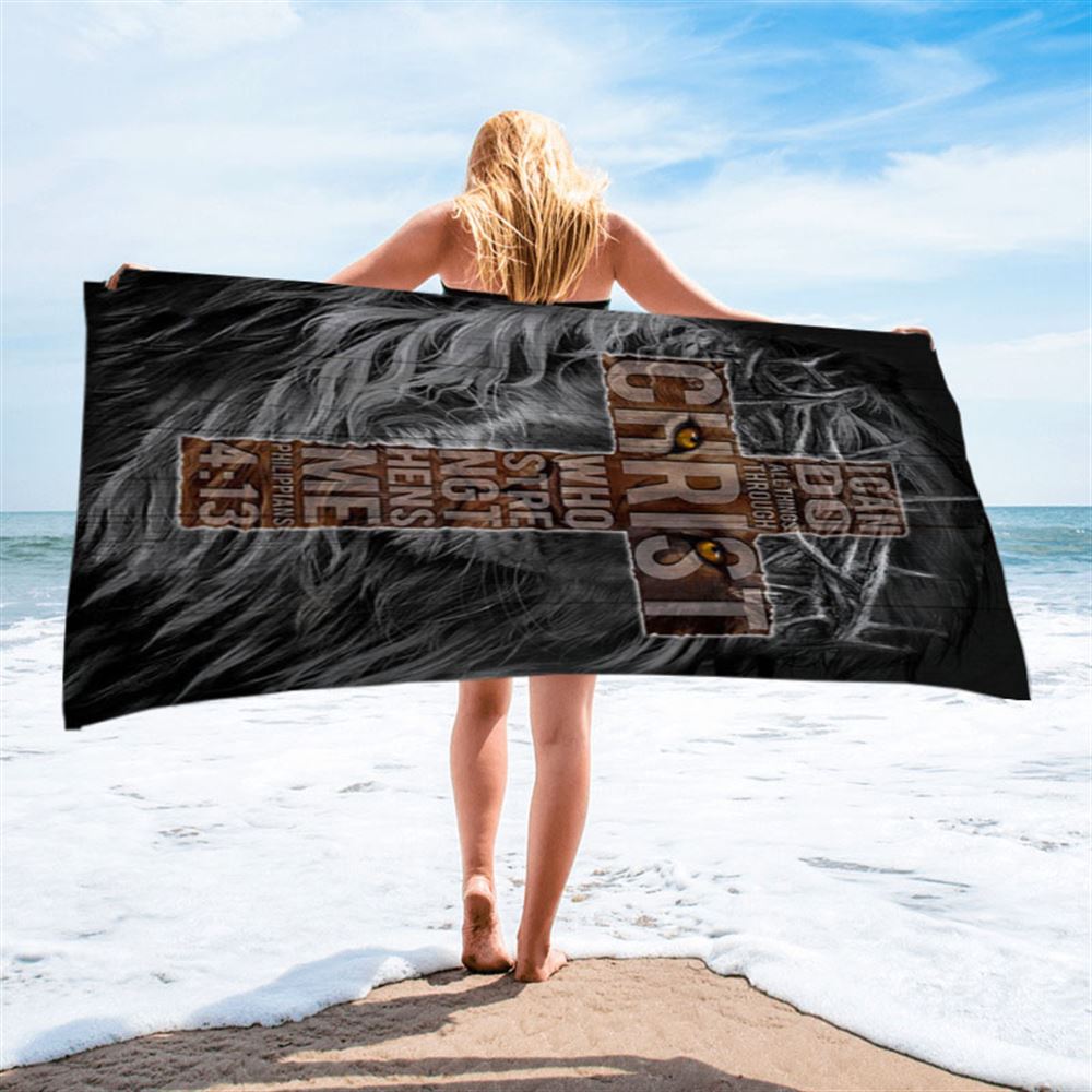 Cross Black Lion - I Can Do All Things Through Christ Beach Towel - Christian Beach Towel - Bible Verse Beach Towel