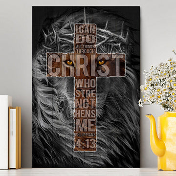 Cross Black Lion - I Can Do All Things Through Christ Canvas Wall Art - Christian Canvas Prints - Bible Verse Canvas Art