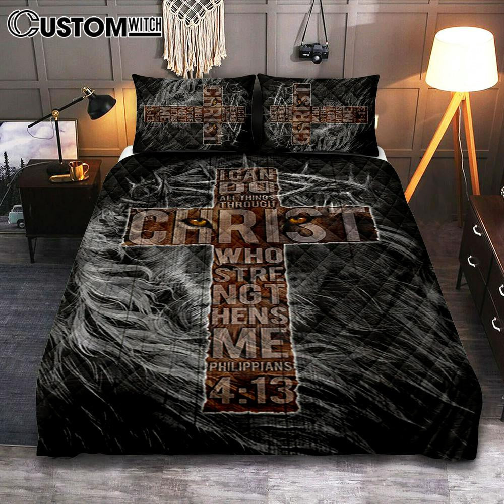 Cross Black Lion - I Can Do All Things Through Christ Quilt Bedding Set Bedroom - Christian Quilt Bedding Set Prints - Bible Verse Quilt Bedding Set Art