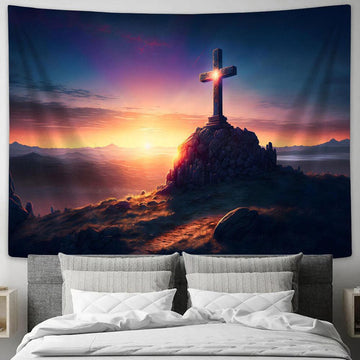 Cross Calvary Hill Golgotha Mountain Sunrise Tapestry Pictures - Faith Art - Christian Tapestry Wall Art Decor