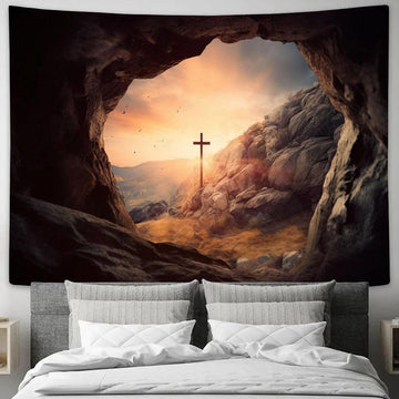 Cross Cave With Sunset Tapestry Pictures - Faith Art - Christian Tapestry Wall Art Decor