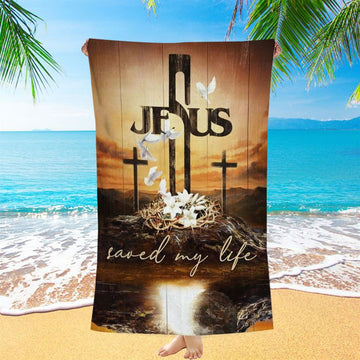 Cross Crown Of Thorns White Lily Dove Jesus Saved My Life Beach Towel, Christian Beach Towel, Christian Gift, Gift For Women