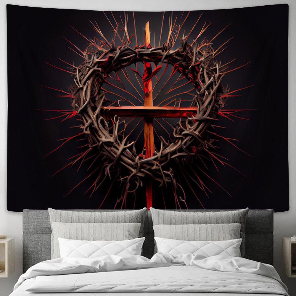 Cross Crown Thorns Jesus Christ Tapestry Pictures - Faith Art - Christian Tapestry Wall Art Decor