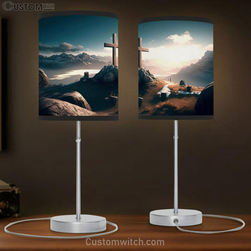 Cross Hill With Mountains Table Lamp Pictures - Faith Art - Christian Table Lamp Gift Decor