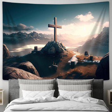 Cross Hill With Mountains Tapestry Pictures - Faith Art - Christian Tapestry Wall Art Decor