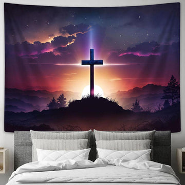 Cross Hill With Sun Tapestry Pictures - Faith Art - Christian Tapestry Wall Art Decor
