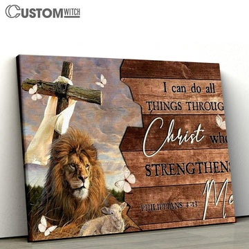Cross, Lion Drawing, Lamb Of God, I Can Do All Things Through Christ Canvas Poster