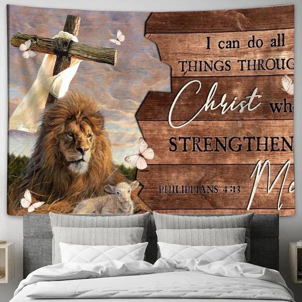 Cross, Lion Drawing, Lamb Of God, I Can Do All Things Through Christ Tapestry, Tapestries for Living Room Bedroom