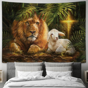 Cross Lion Of Judah Lamb Of God Tapestry Wall Art - Bible Verse Tapestry - Religious Tapestry Wall Hanging