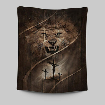 Cross Lion Of Judah Tapestry Wall Art - Christian Tapestries Prints - Bible Verse Tapestry Art